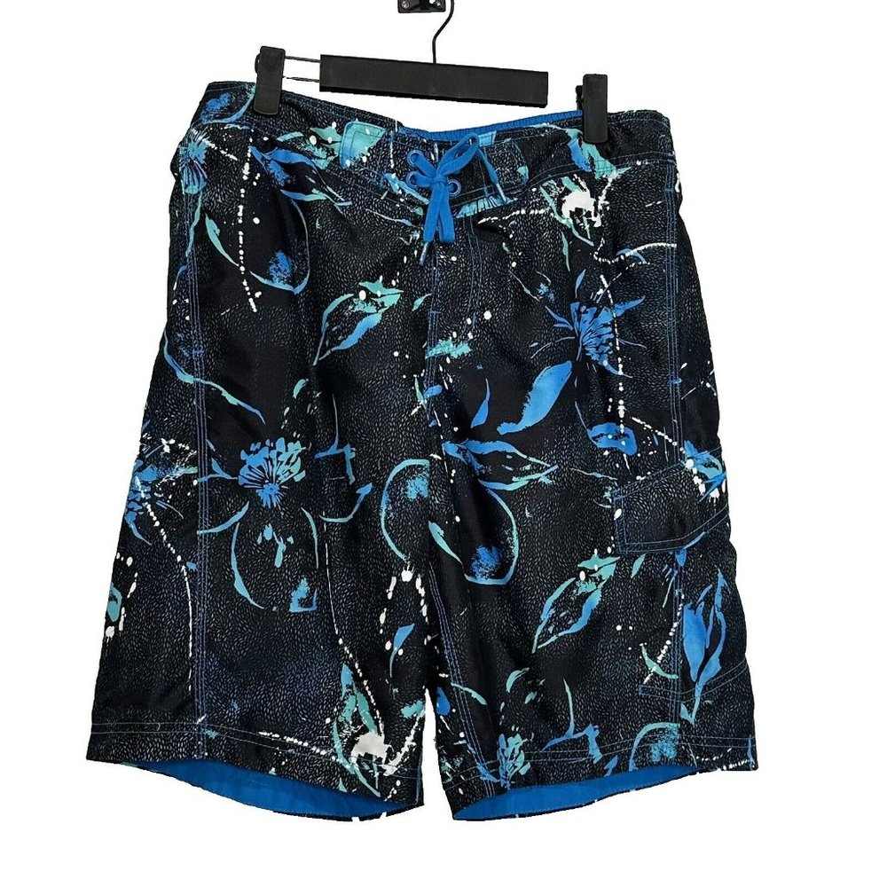 Speedo Men's Swim Trunks Tie Elastic Back Waist Size S Black Blue Beach